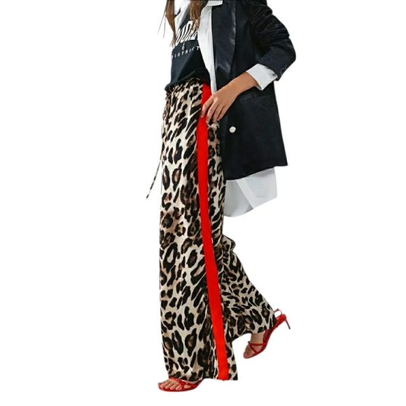 HOT! Leopard Print Wide-Leg Pants with Red Stripe (Multiple Sizes Available) - Picture 9 of 14